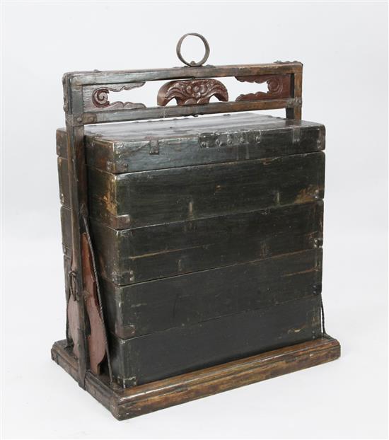 A late 18th/early 19th century Chinese iron bound wooden wedding dowry chest, W. 2ft 8in. D. 1ft 4in. H. 3ft 4in.
